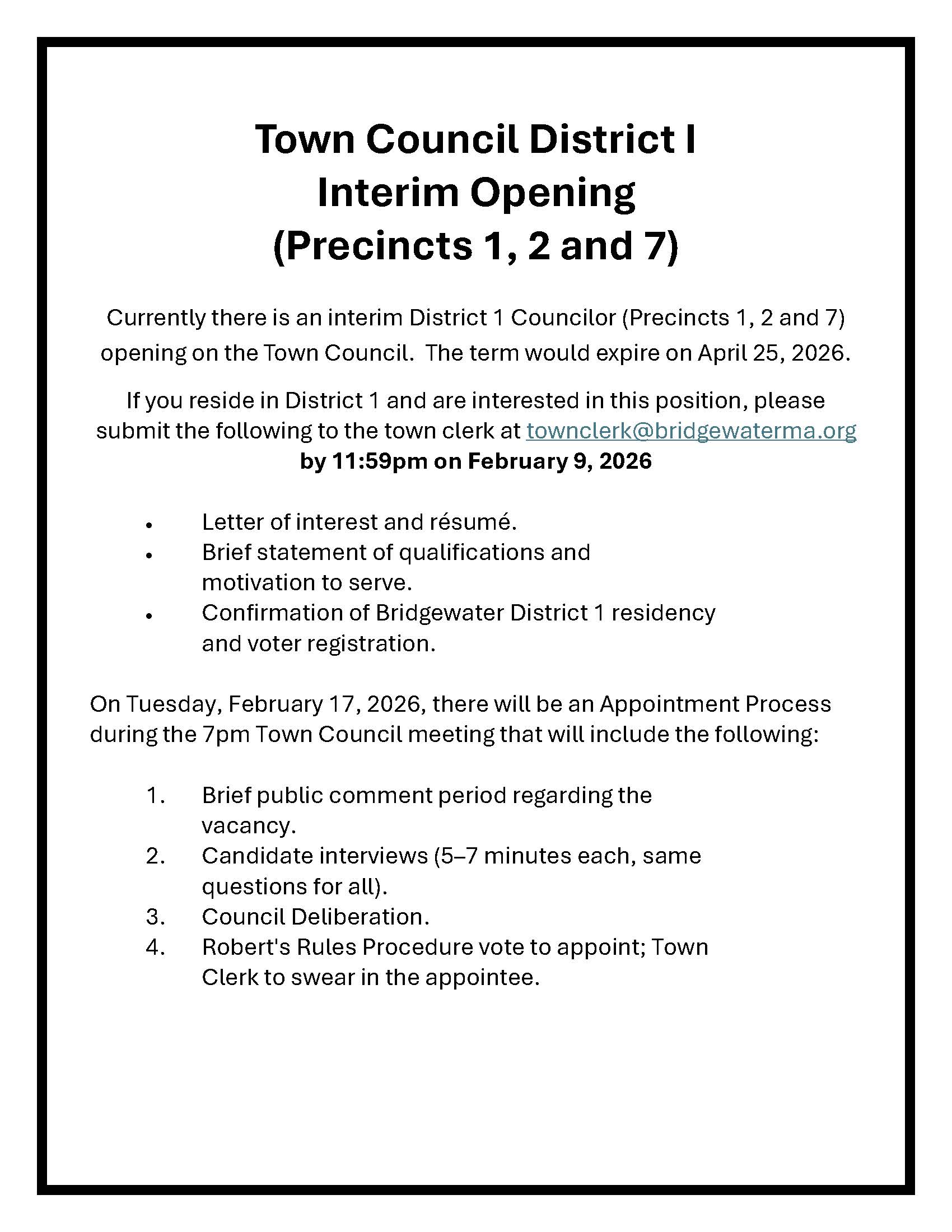 Town Council District 1 Interim Posting